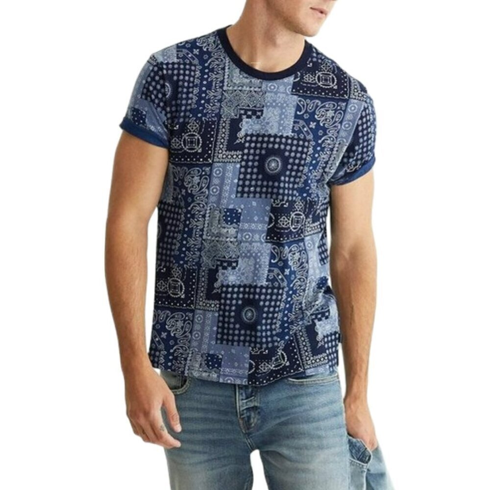 NWT Lucky Brand Men's Soft Cotton Tee Indigo Bandana Print T-Shirt